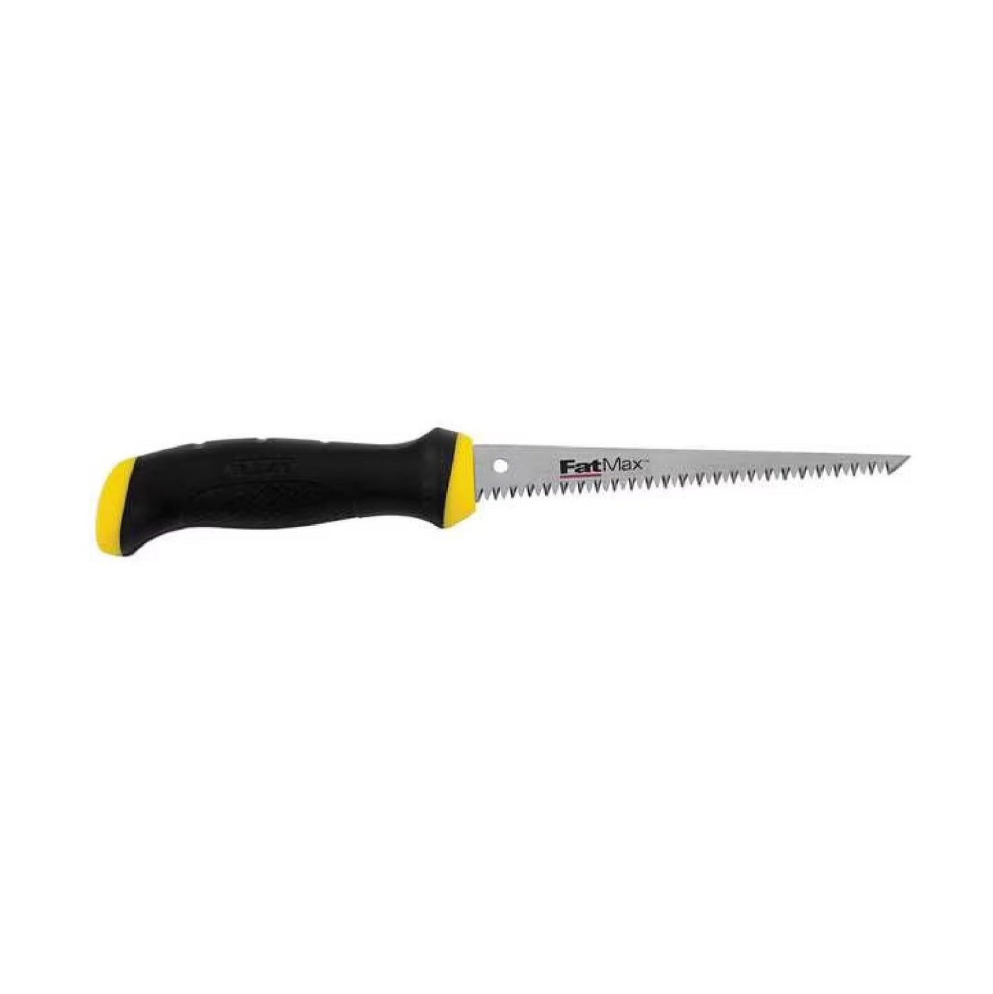 The STANLEY 20-556 6 in. Drywall Jab Saw features an ergonomic black handle with yellow accents and a sharp narrow blade with serrated edges and aggressive tooth design, optimized for precision cutting, showcased horizontally on a plain white background.