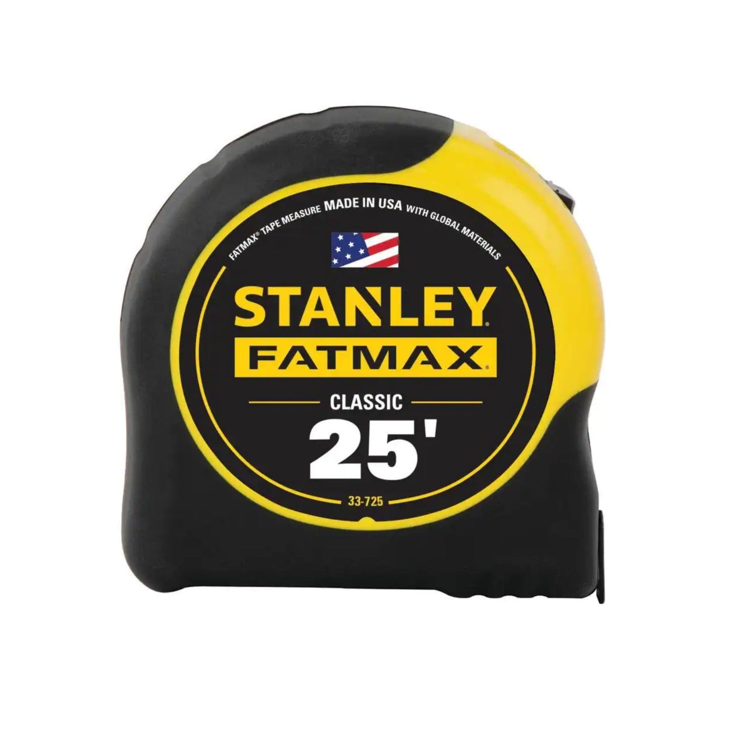 The STANLEY 33-725 Fatmax 25 ft. x 1-1/4 in. Classic Tape Measure features a robust black and yellow casing with an American flag emblem and Made in USA with global materials, ensuring precision for all your projects.