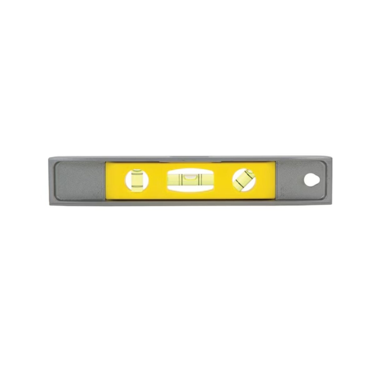 The STANLEY 42-465 Magnetic Cast Aluminum Torpedo Level, featuring three vials and a yellow and gray design, is centered against a white background.