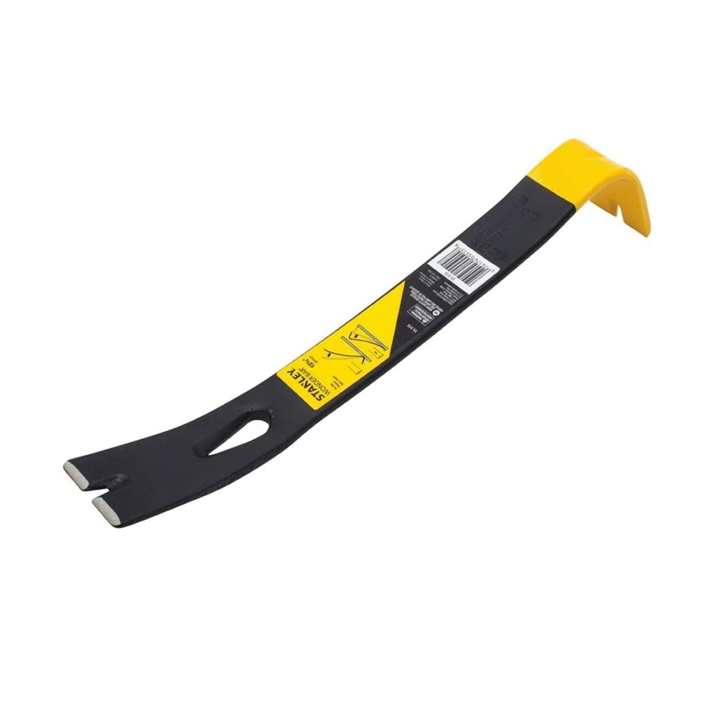 The STANLEY 55-515 12-3/4 in. Wonder Bar Pry Bar is black and yellow with a flat angled end and a curved hooked end. It features a yellow label with product details near the handle against a white background.