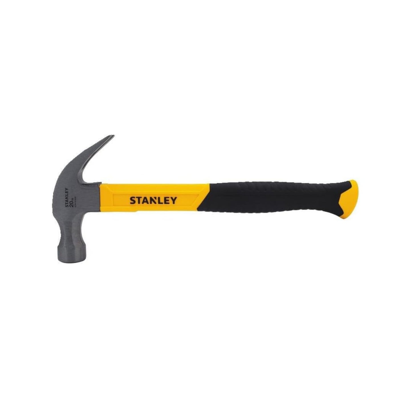 The STANLEY STHT51539 20 oz. Curve Claw Fiberglass Hammer, with its striking yellow and black handle, is set against a plain white background.