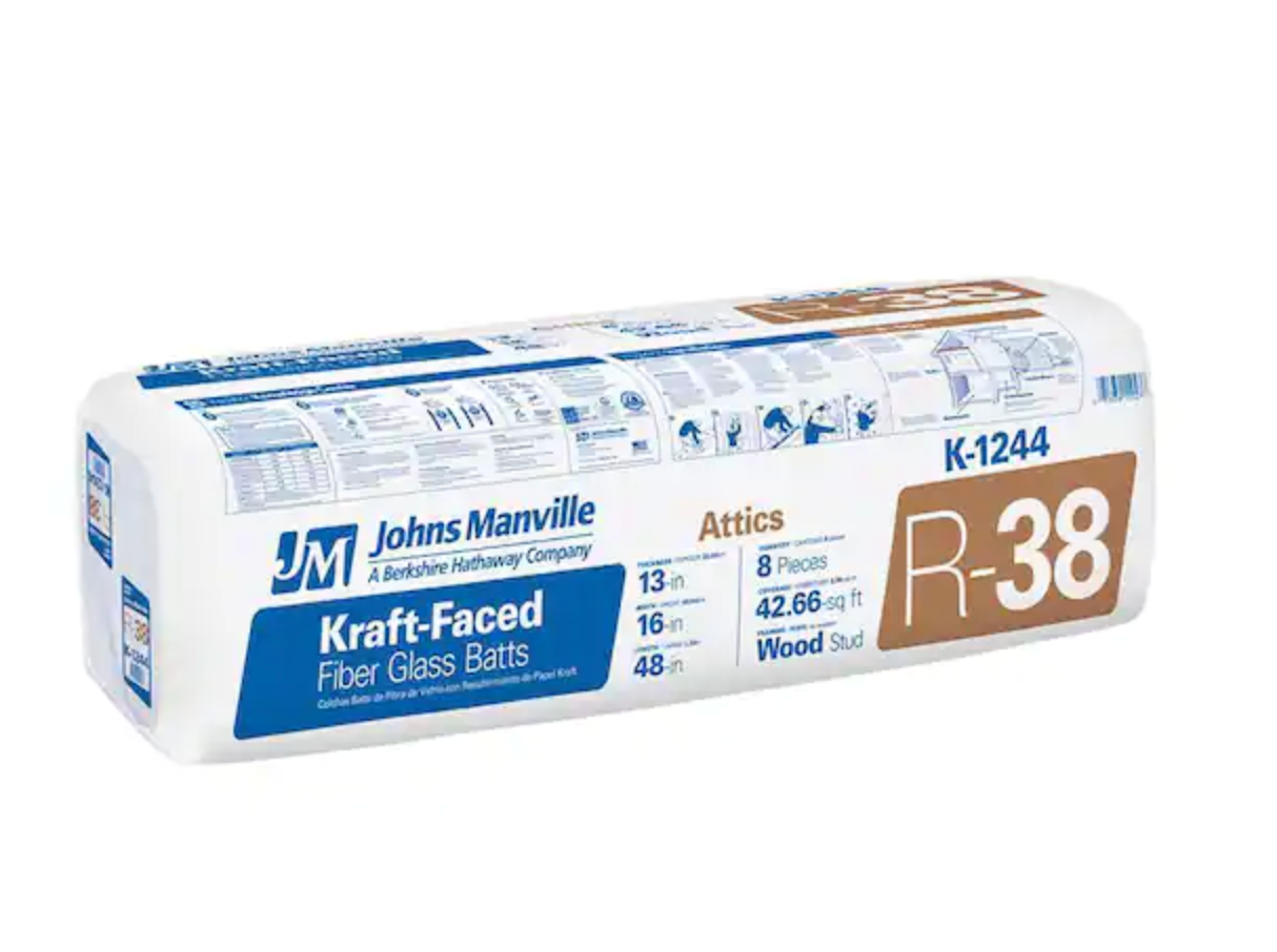 The R-38 Kraft Faced Fiberglass Insulation by Go Build is ideal for attics and wood studs, covering 42.66 sq. ft. This GreenGuard Gold Certified product contains 8 pieces, providing both quality and soundproofing with model number K-1244 mentioned on the package.