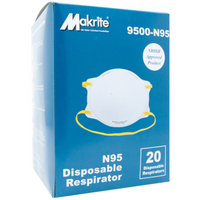 Makrite N95 Disposable Particulate Respirator Masks (20-Pack) come in a blue box featuring a white mask with yellow ultrasonic welded head straps. This NIOSH-approved product meets stringent standards for quality and safety.