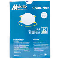 Image of a blue box containing Makrite N95 Disposable Particulate Respirator Masks (20-Pack). The box displays NIOSH Approved Product, features the mask with ultrasonic welded head straps, and includes warning and warranty info below.