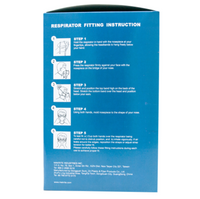 The instruction card for Makrite N95 Disposable Particulate Respirator Masks (20-Pack) features white text with detailed fitting steps, including images on wearing the mask: holding, positioning, adjusting ultrasonic welded head straps. Manufacturer and contact info are listed at the bottom.