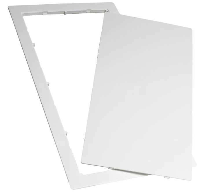 The 14 in. x 29 in. Access Panel for Drywall by Go Build features a durable plastic design with a sleek, white rectangular appearance. Displayed at an angle with the door slightly open, it reveals a simple design and smooth surface, perfect for drywall installations.