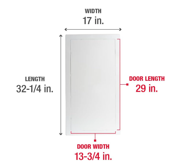 Diagram of the Go Build 14 in. x 29 in. Access Panel for Drywall, crafted from durable plastic with overall dimensions of 17 inches by 32-1/4 inches. Highlights include door section measurements and arrows showing dimensions for easy installation.