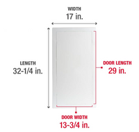 Diagram of the Go Build 14 in. x 29 in. Access Panel for Drywall, crafted from durable plastic with overall dimensions of 17 inches by 32-1/4 inches. Highlights include door section measurements and arrows showing dimensions for easy installation.