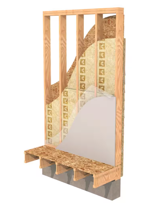 A wall section features a wooden framework with layers like Rockwools ROCKWOOL ComfortBatt 5-1/2 in. x 15.25 in. x 47 in. R-23 Stone Wool Insulation for better thermal performance, wood panels, and outer drywall, supported by a concrete base for robust construction.