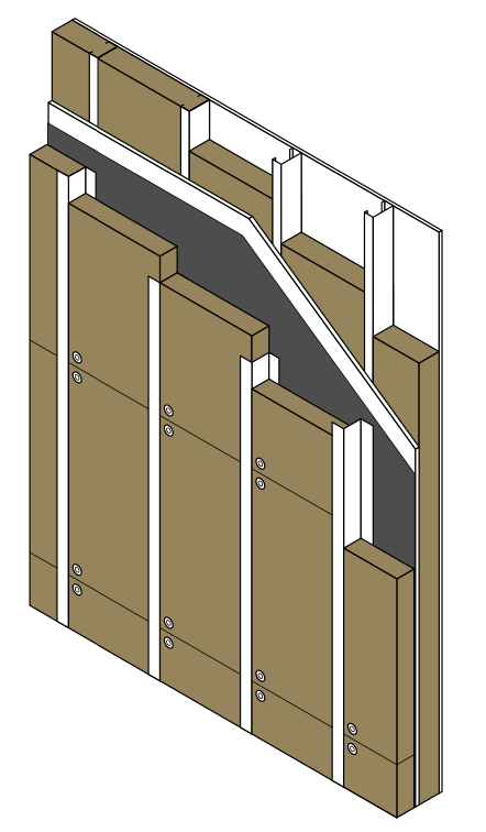 Illustration depicting a wall assembly with vertical wooden studs, Owens Corning T3RB451664 ThermaFiber RainBarrier 45 Mineral Wool insulation for fire resistance, and double cladding. This Go Build system offers continuous insulation benefits for construction purposes.