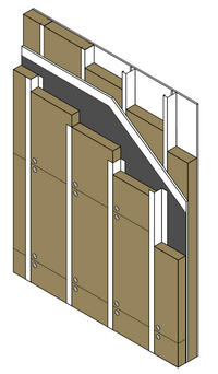 Illustration depicting a wall assembly with vertical wooden studs, Owens Corning T3RB451664 ThermaFiber RainBarrier 45 Mineral Wool insulation for fire resistance, and double cladding. This Go Build system offers continuous insulation benefits for construction purposes.