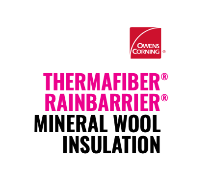 The Go Build Owens Corning T3RB451664 ThermaFiber RainBarrier 45 Mineral Wool Insulation logo features prominently on a white background, emphasizing its top-tier acoustic insulation and fire-resistant properties.