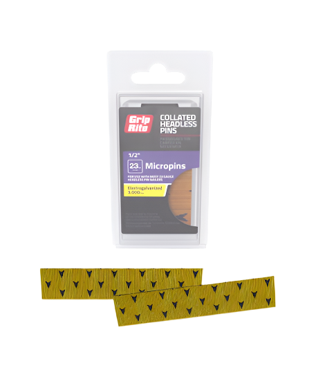 A package of Grip-Rite® 1-1/4 in. GR114PIN Brad Nails 23 Ga. (2000/Pack) stands upright, with two strips of yellow nails below. The label specifies pin size and quantity, ideal fasteners for precision projects from Go Build, The Fastest Way To Build.