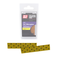 A package of Grip-Rite® 1-1/4 in. GR114PIN Brad Nails 23 Ga. (2000/Pack) stands upright, with two strips of yellow nails below. The label specifies pin size and quantity, ideal fasteners for precision projects from Go Build, The Fastest Way To Build.