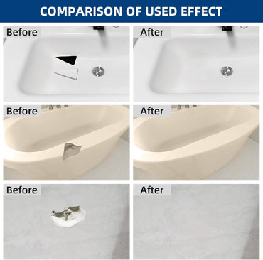 A comparison image shows the before and after effects on three surfaces: a sink with a black mark, a chipped bathtub, and a wall hole. Each damaged before transforms into smooth, repaired surfaces with the FENFANDAS Tub and Fiberglass Shower Repair Kit White by Fefandas.