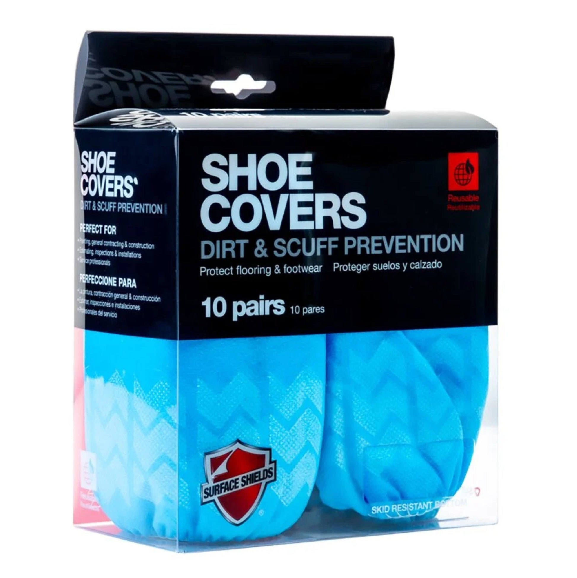 SURFACE SHIELDS SC3001PB Shoe Covers offer 10 pairs of waterproof and slip-resistant covers that prevent dirt and scuffs. Packaged in a black and red box with clear windows showing blue covers, features are noted in English and Spanish for flooring and footwear protection.