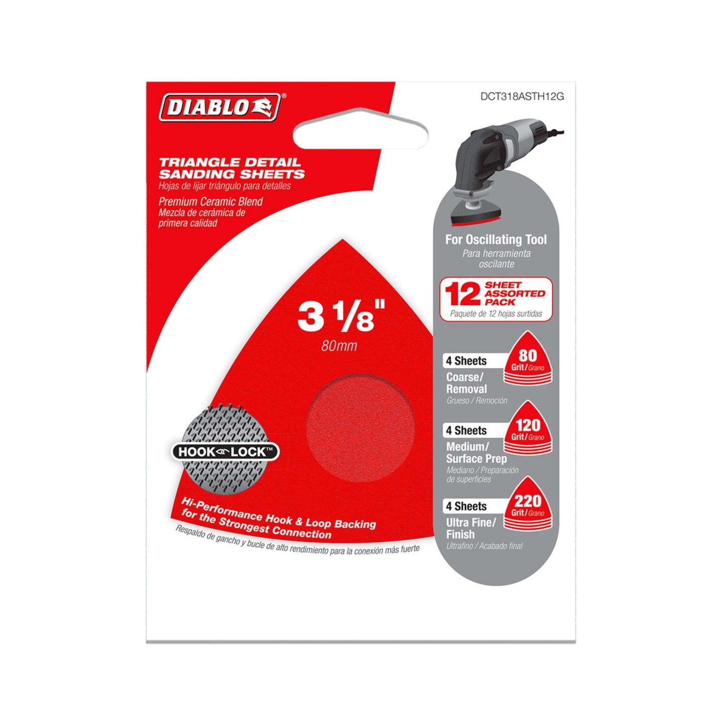 The DIABLO DCT318ASTH12G 3-1/8 in. Assorted Oscillating Triangle Detail Sanding Sheets (12-Pack) by Diablo includes 4 coarse (80 grit), 4 medium (120 grit), and 4 ultra-fine (220 grit) sheets with Clog-SHIELD™ technology, designed for oscillating tools. Features a red triangle with hook-and-loop backing.