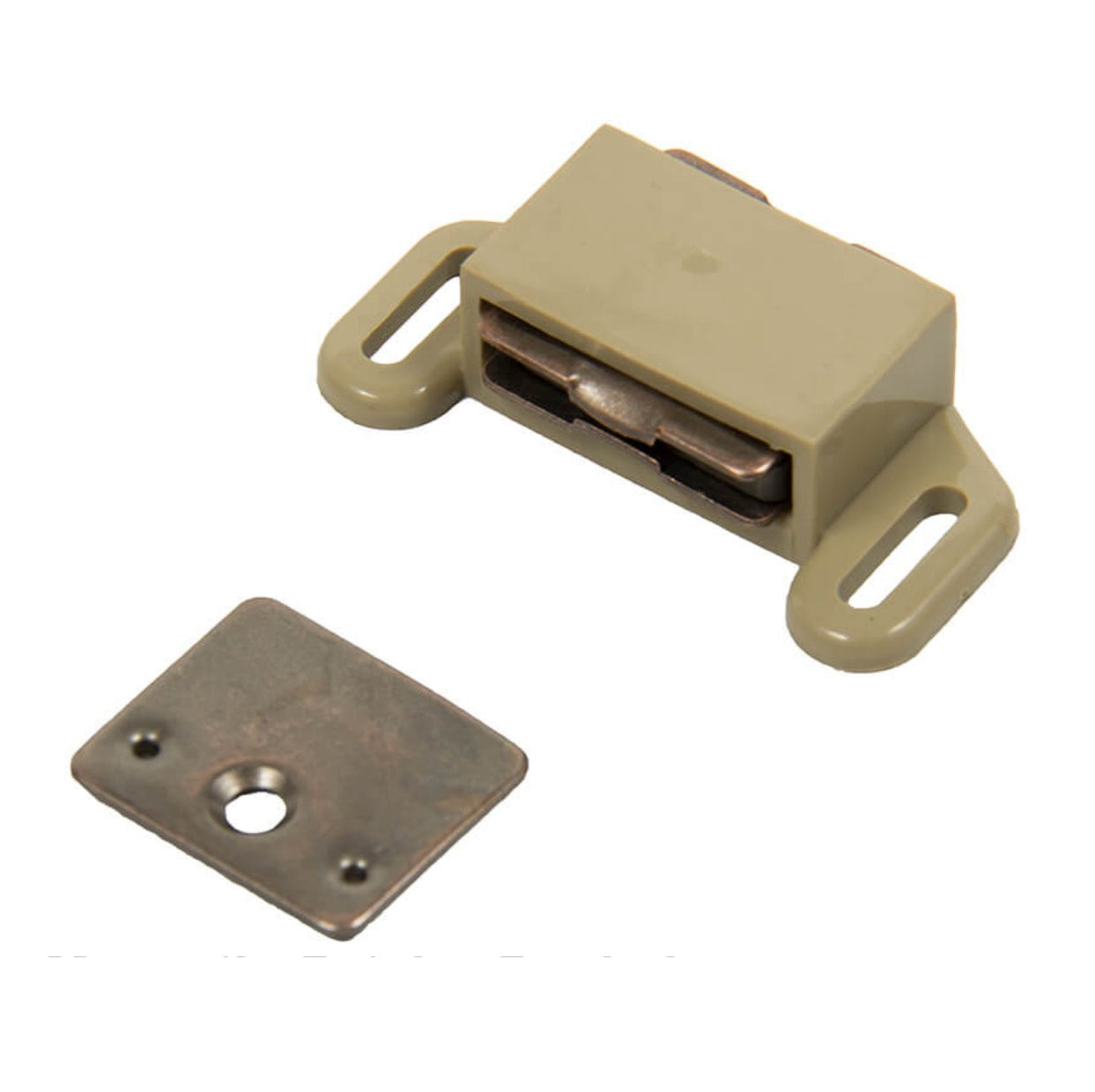 The TUFF STUFF TUF39800 Magnetic Catch Carded in tan has strong magnetic pull, comes with two mounting holes, and includes a durable metallic plate with a circular hole, all set against a white background.