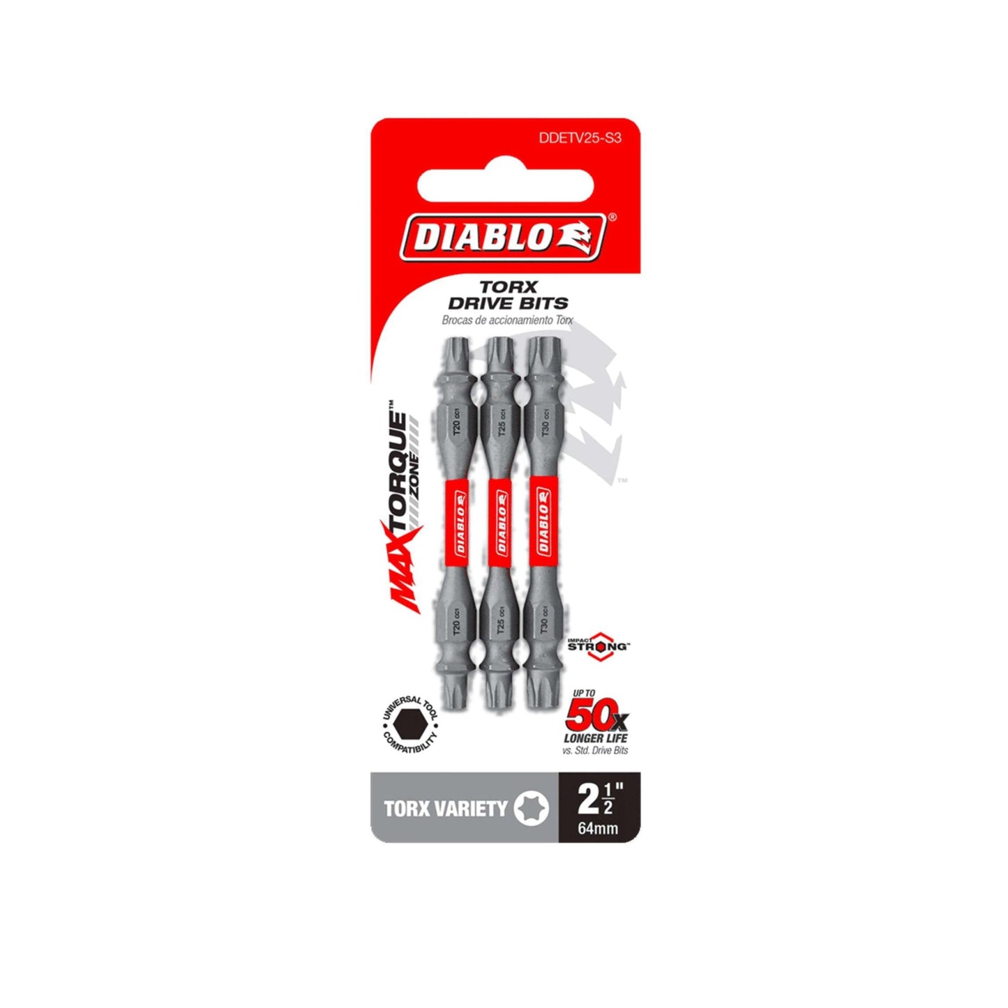 The DIABLO DDETV25-S3 2-1/2 in. Double-Ended Torx Drive Bits package showcases three metallic bits labeled with MaxTorque and various Torx sizes, highlighting durability with Impact Strong™ technology, and includes text in English and Spanish for a diverse audience.