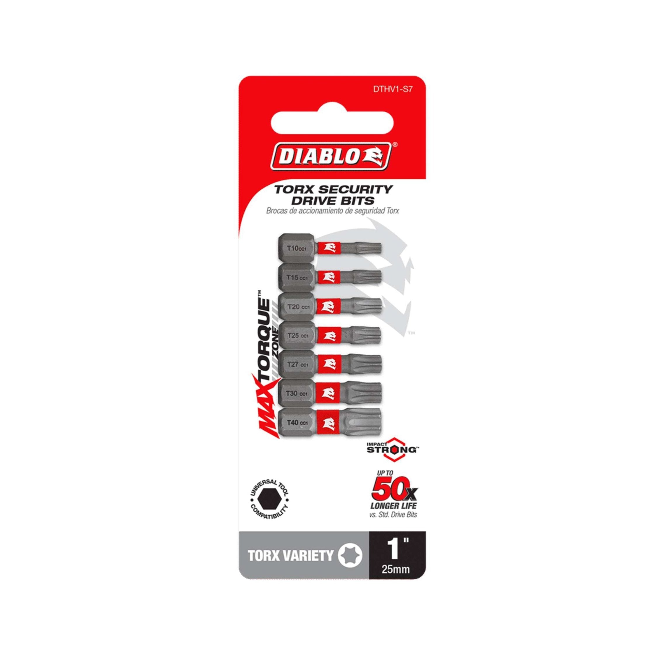 The DIABLO DTV1-S7 Assorted 1 in. Torx Drive Bits (7-Piece) features Impact Strong™ technology and a MAXTORQUE design for 50x longer life. It includes six bits labeled T10, T15, T20, T25, T30, and T40 and is topped with Diablos striking red logo.