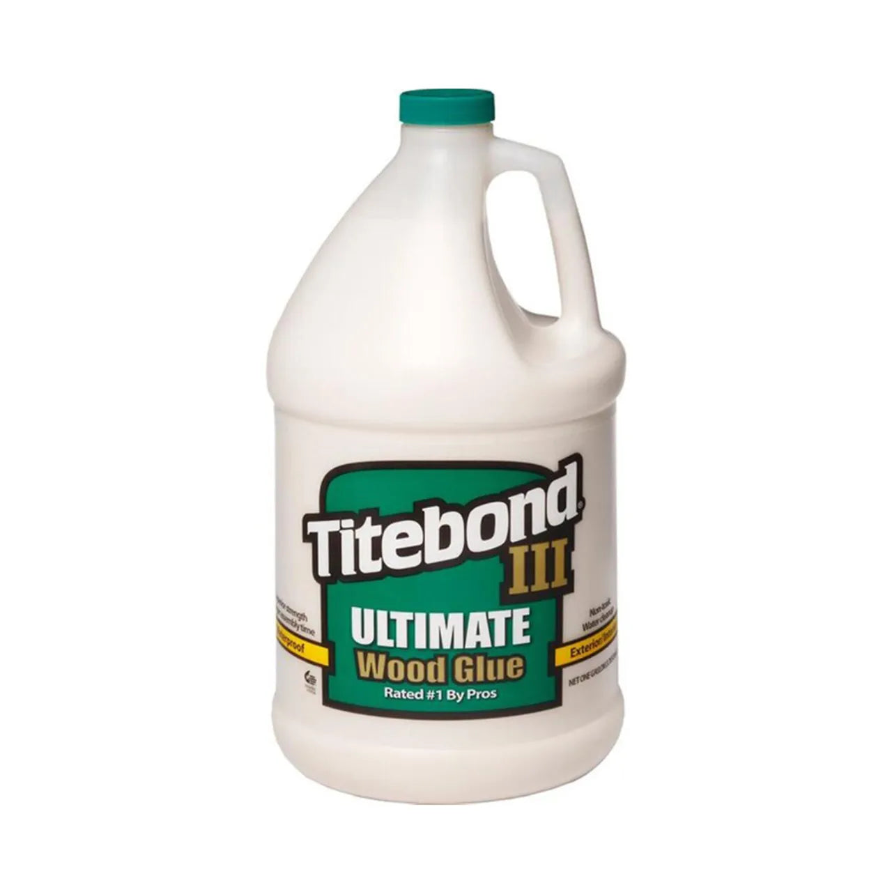 A gallon of TITEBOND 1416 Ultimate Wood Glue features a green and white label, a handle on the right, and is prized for its water resistance.