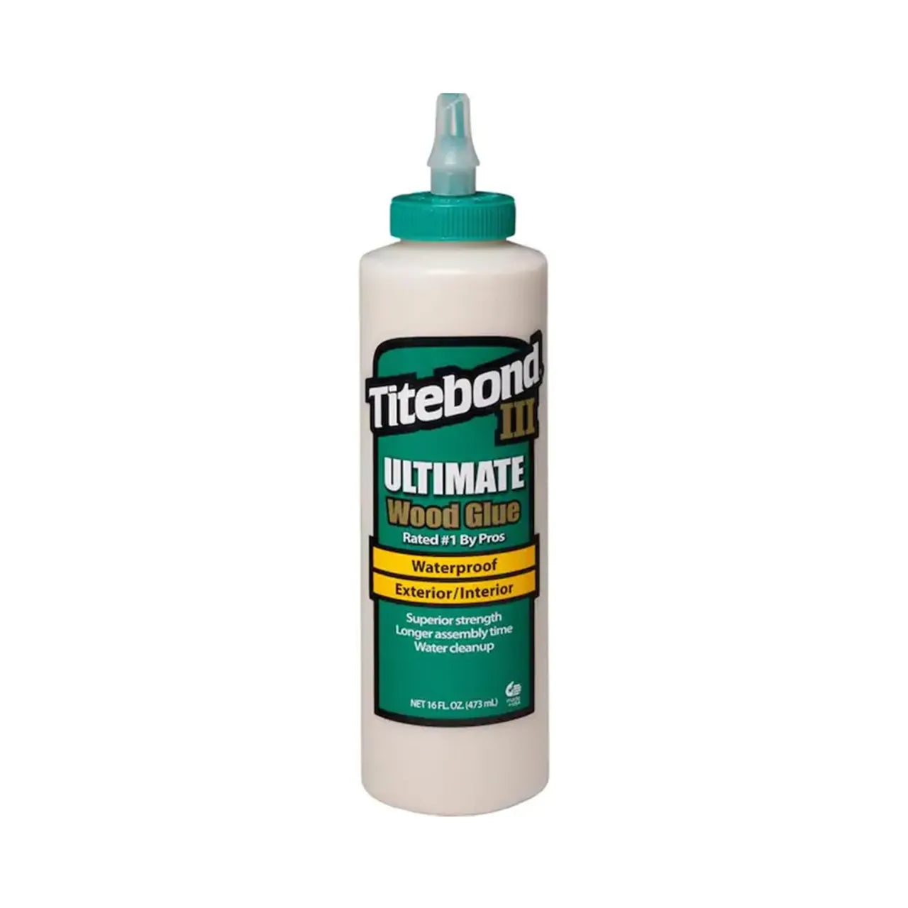 The 16 oz. III Ultimate Wood Glue by Go Build, The Fastest Way To Build, features a precise pointed nozzle cap and sports a white bottle with a green and black label with yellow highlights, highlighting its water resistance for versatile interior and exterior use.