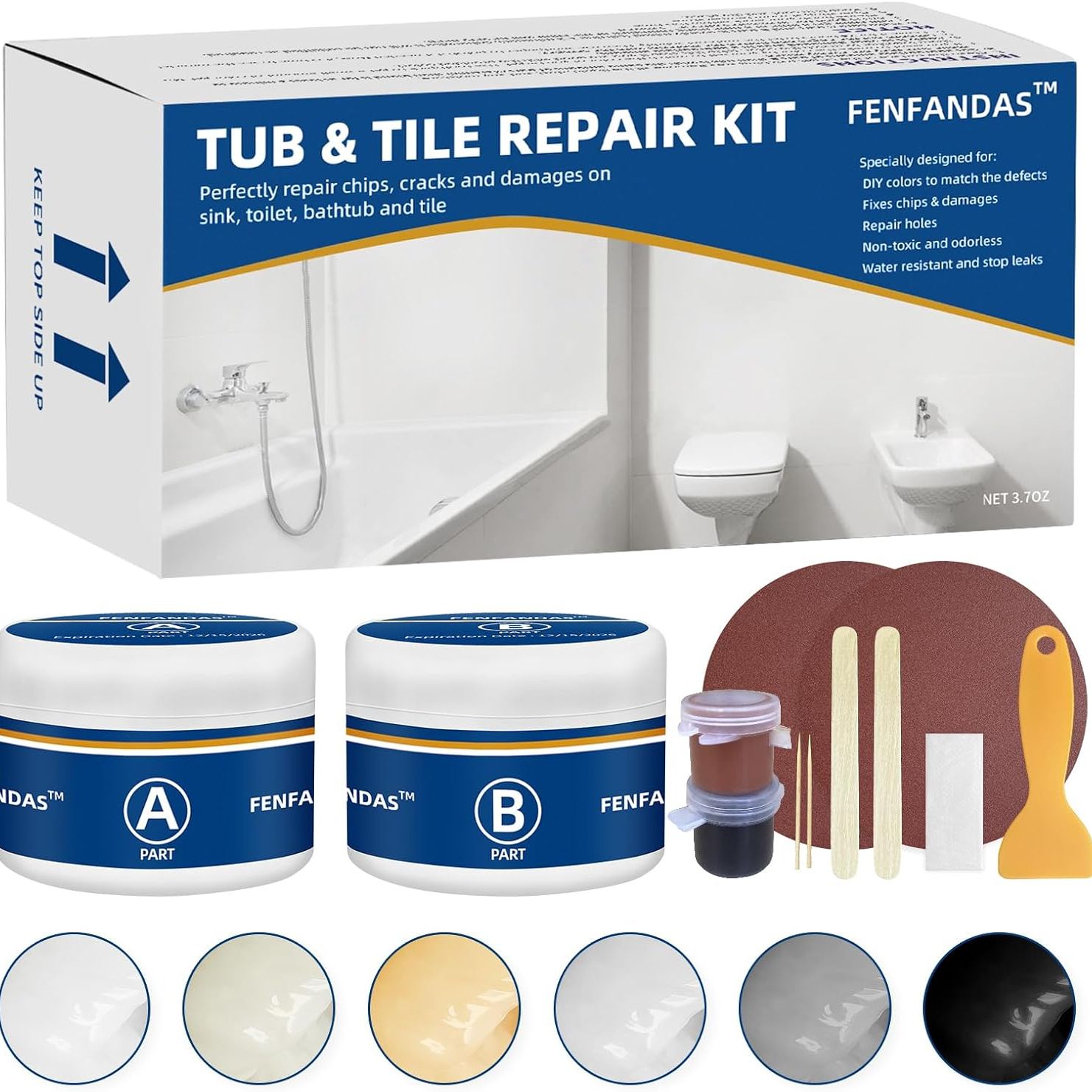 Image of the Fefandas Tub and Fiberglass Shower Repair Kit (3.7oz), ideal as a shower repair kit, featuring containers A & B, sandpaper, spatula, mixing sticks, and a small bottle. Packaging highlights its use for repairing sinks, tiles, and fiberglass showers.