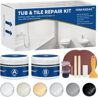 Image of the Fefandas Tub and Fiberglass Shower Repair Kit (3.7oz), ideal as a shower repair kit, featuring containers A & B, sandpaper, spatula, mixing sticks, and a small bottle. Packaging highlights its use for repairing sinks, tiles, and fiberglass showers.