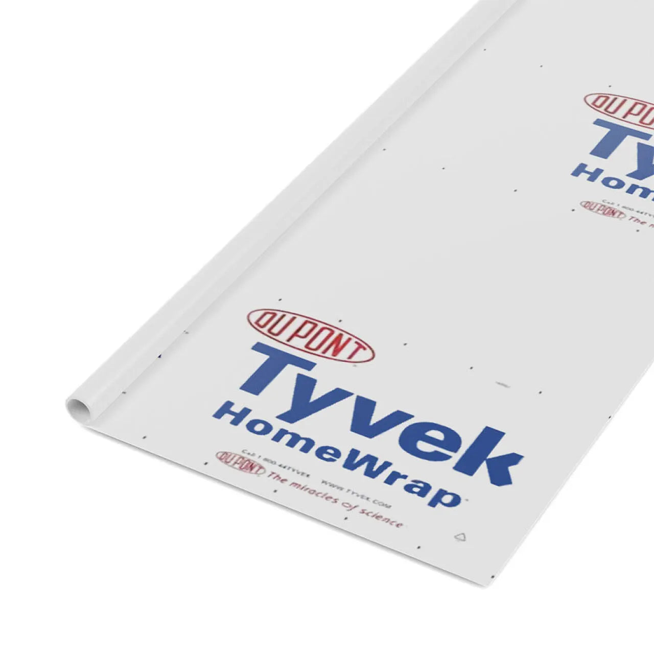 A partially unrolled white Go Build 3 ft. x 100 ft. (300 sq. ft.) Housewrap, featuring a smooth surface for energy efficiency and waterproof sealing, displays the logo and brand name as Go Build, The Fastest Way To Build in blue and red.