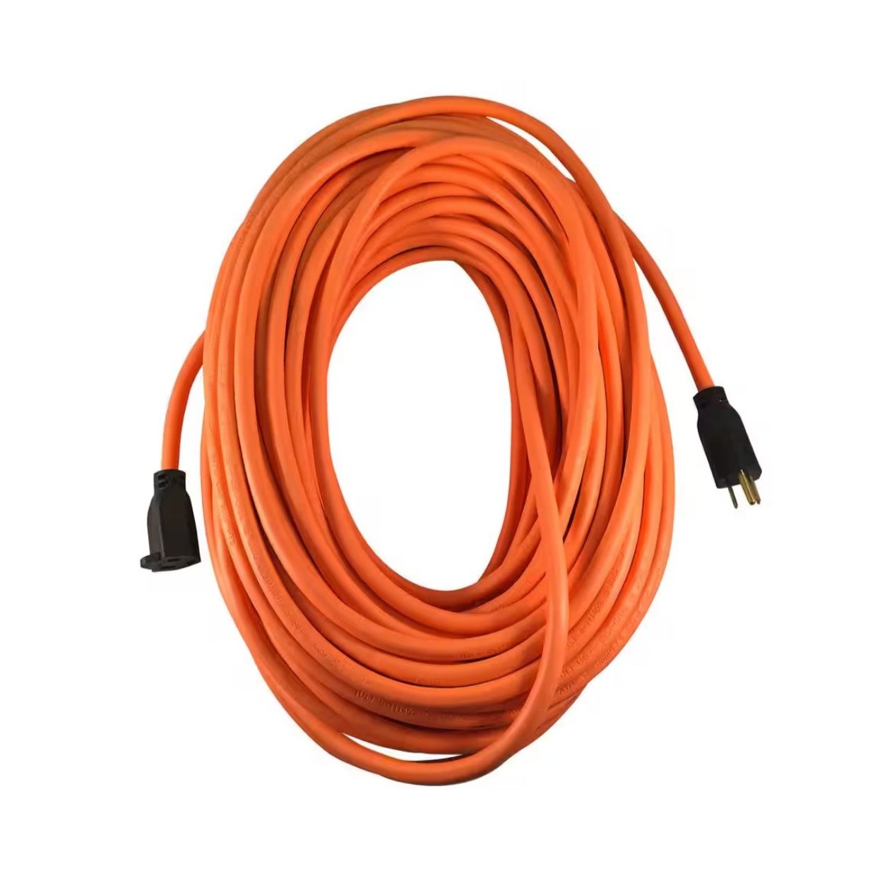 A neatly coiled USW 65025 orange extension cord, measuring 25 ft and UL Certified for indoor/outdoor use with black plugs at each end, is set against a plain white backdrop.