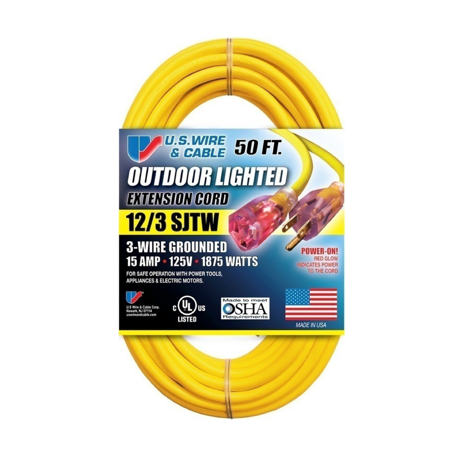 The USW 74050 12/3 SJT W-A UL 50 ft. yellow extension cord supports 15A and 125V, features a heavy-duty coil, and includes a power-on indicator. Its UL listed, OSHA compliant, Made in USA, and utilizes a vinyl 3-wire grounding system.