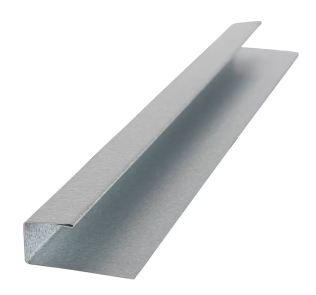 A close-up image of the ClarkDietrich 5/8 in. x 10 ft. Galvanized Steel J Bead, featuring an L-shaped profile for drywall terminations. Made of metallic gray galvanized steel, it has a smooth surface and sharp edges, suitable for structural support or reinforcement in construction.