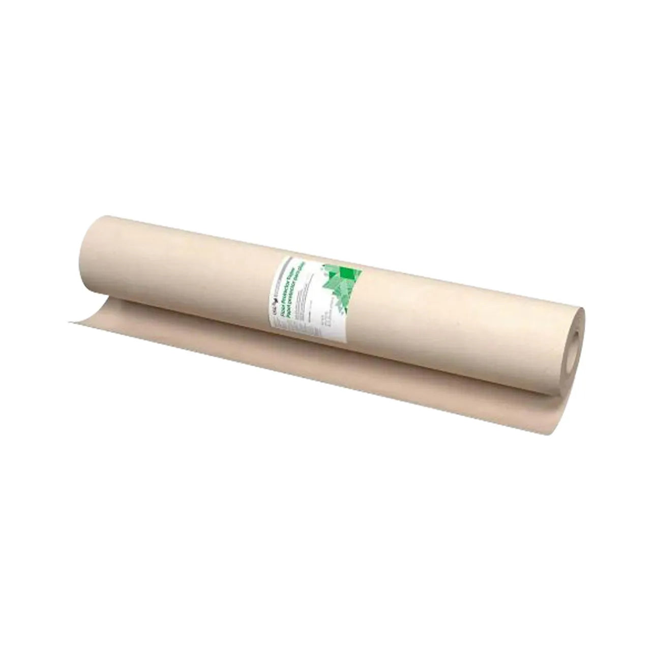 A roll of G FORCEs G-FORCE 23005 Brown Rosin Floor Protector Paper is angled against a white background, showcasing its green and white label. This heavy-duty material is perfect for construction projects, providing reliable protection similar to a Beige Paper Cover.