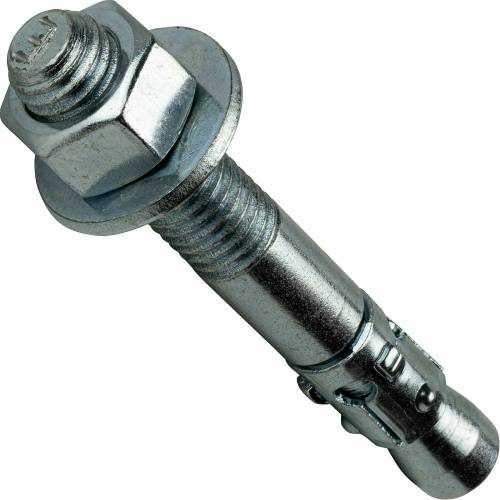 The image displays a Go Build 3/4" x 8-1/2" Wedge Anchor with a hexagonal nut and washer. Crafted from zinc plated steel, the anchor features a threaded upper section and an expandable lower section, perfect for use as concrete anchors. The shiny and pristine hardware stands out against a plain white background. These anchors are available in boxes of 10.