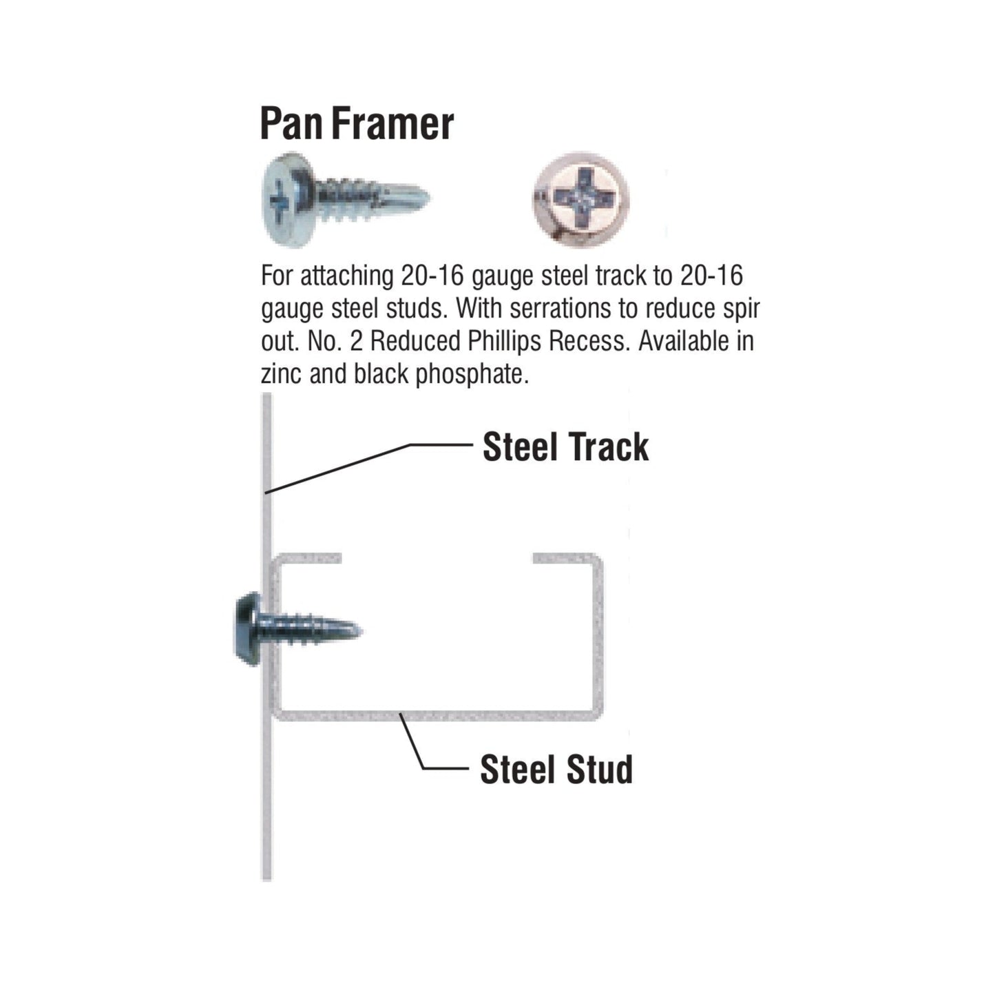 Image showing a PRO-TWIST PFZD71615M screw diagram for connecting steel tracks to studs, including a screw image, cross-section view, and features like serrations and finishes, offering an ideal fastening solution by Pro-Twist.