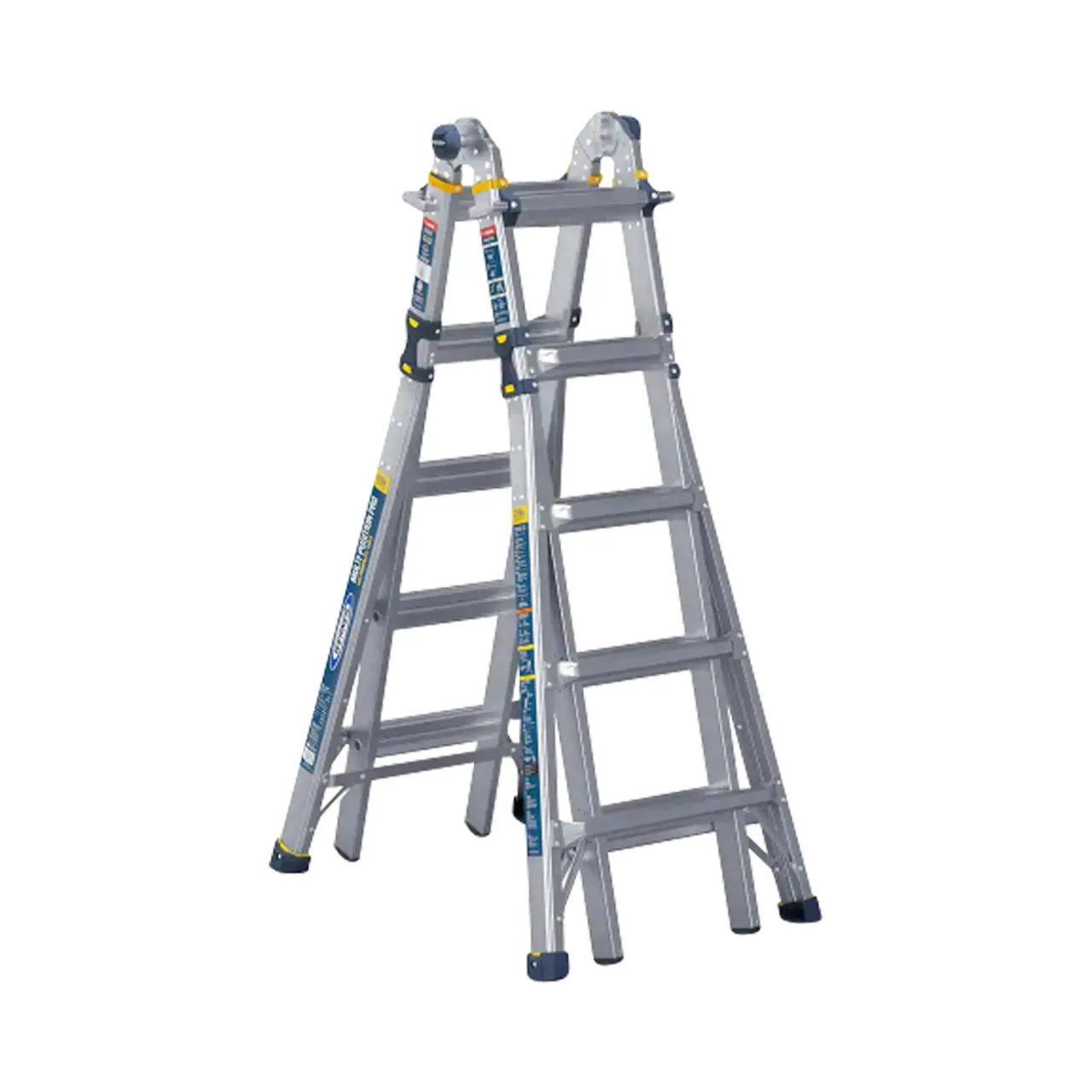 The Go Build 22 ft. Reach Aluminum 5-in-1 Multi-Position Pro Ladder supports 375 lbs and stands securely, with adjustable sections on a white background.