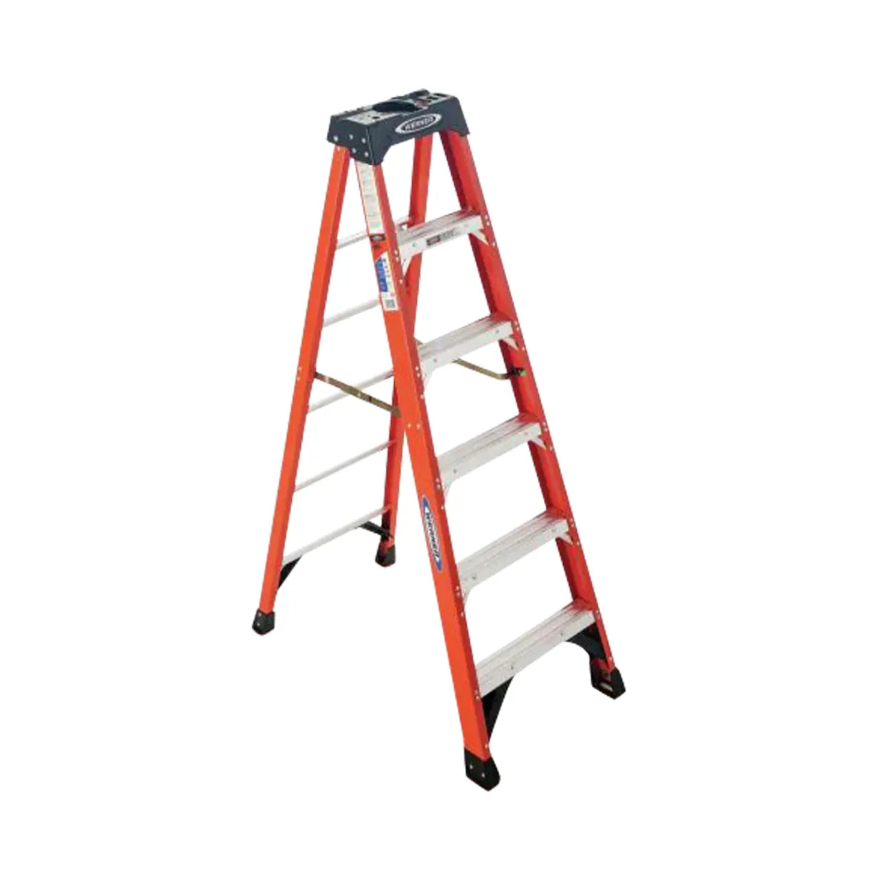 A Go Build fiberglass step ladder, featuring a striking red and black design, offers a Type IA duty rating with a 300-pound load capacity. This sturdy 6-foot ladder provides a reach height of up to 10 feet and is set against a white background. It complies with both ANSI and OSHA standards, ensuring safety and reliability for any project.