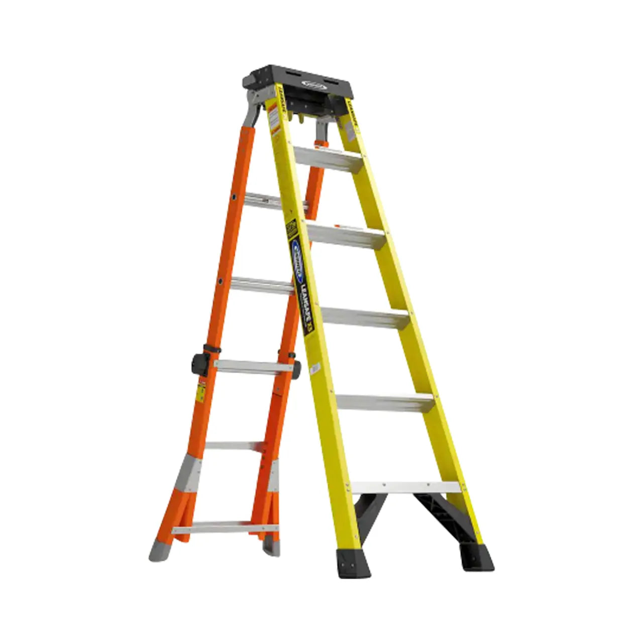 The Go Build LEANSAFE X5 14 ft. Reach Height Fiberglass Multi-Position Ladder, with a robust 375 lbs. load capacity (Type IAA), showcases wide, sturdy steps and rubber-capped feet for enhanced stability. Displayed fully extended, it stands confidently against a plain white background with its distinct two-toned orange and yellow design.