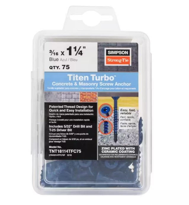 This blue plastic container from Simpson Strong-Tie contains 75 Titen Turbo screws (3/16 x 1-1/4 inches) with patented thread design and Torque Reduction Channel for superior holding power. Installation is easy with included illustrated instructions.