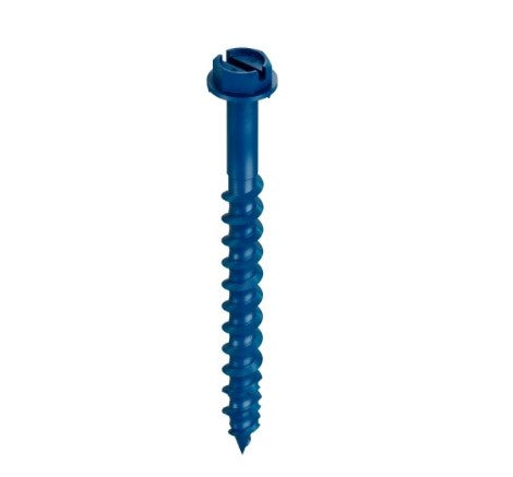 The Titen Turbo 3/16 in. x 2-1/4 in. Hex Head Simpson Concrete Screws by Simpson Strong-Tie, available in blue, have a threaded body and torque reduction channel, making them ideal for securing materials with stability and efficiency.