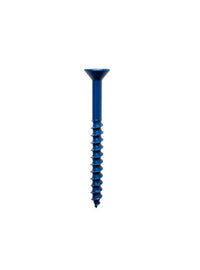 The Simpson Strong-Tie Titen Turbo 1/4 in. x 1-1/4 in. Flat Head concrete screw, blue, features a flat countersunk head and threaded shaft with reverse thread design for reliable fastening, shown vertically against a plain white background.