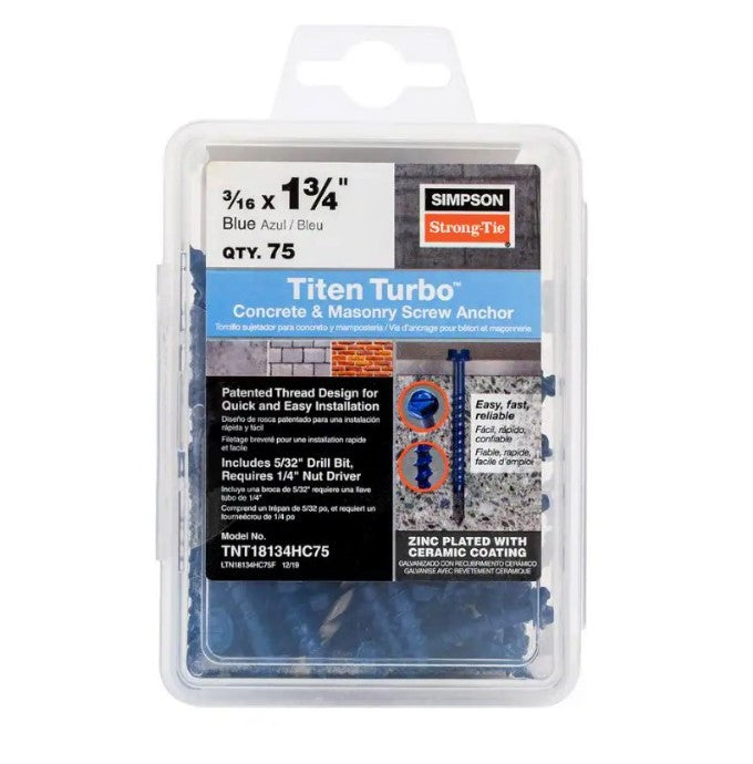 The clear box holds 75 Titen Turbo 3/16 in. x 1-3/4 in. Hex Head Simpson Strong-Tie concrete screws with a Torque Reduction Channel. The front label details product info and installation for these advanced blue masonry fasteners.