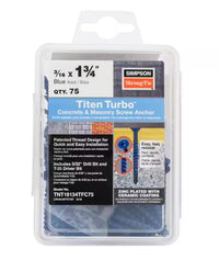 The Simpson Strong-Tie Titen Turbo 3/16 x 1-3/4 in. Flat Head Concrete Screws, Blue (75-Pack), feature a patented reverse thread with Torque Reduction Channel. These zinc plated screws require a 5/32 drill bit and T-25 driver bit.