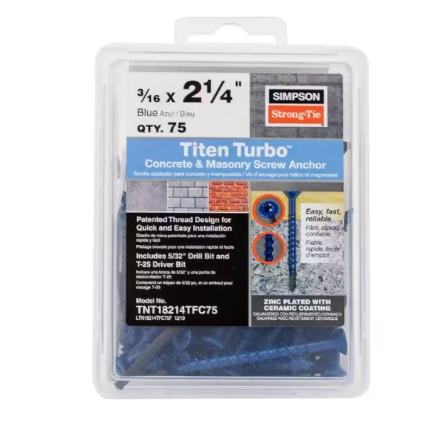 Plastic packaging contains Titen Turbo 3/16 in. x 2-1/4 in. Flat Head Simpson Concrete Screws, Blue (75-Pack) by Simpson Strong-Tie, featuring a reverse thread design, Torque Reduction Channel, installation instructions, and a drill bit size guide.