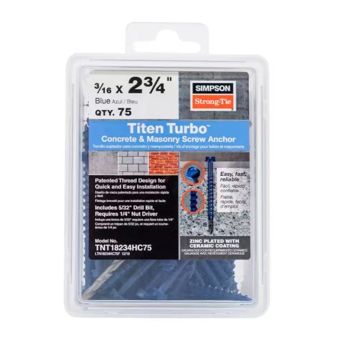 Simpson Strong-Ties Titen Turbo 3/16 in. x 2-3/4 in. Hex Head Concrete Screws, Blue, come in a pack of 75. These screws feature a patented reverse thread design and Torque Reduction Channel, requiring a 1/4 in hex nut driver. Zinc plated for durability with corrosion resistance.