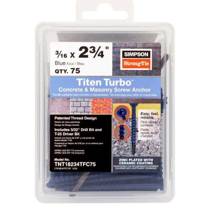 The Simpson Strong-Tie Titen Turbo 3/16 in. x 2-3/4 in. flat head concrete screws, blue (75-pack), feature a patented reverse thread design and are zinc plated with a ceramic coating. The package includes a drill and a T-25 driver bit.