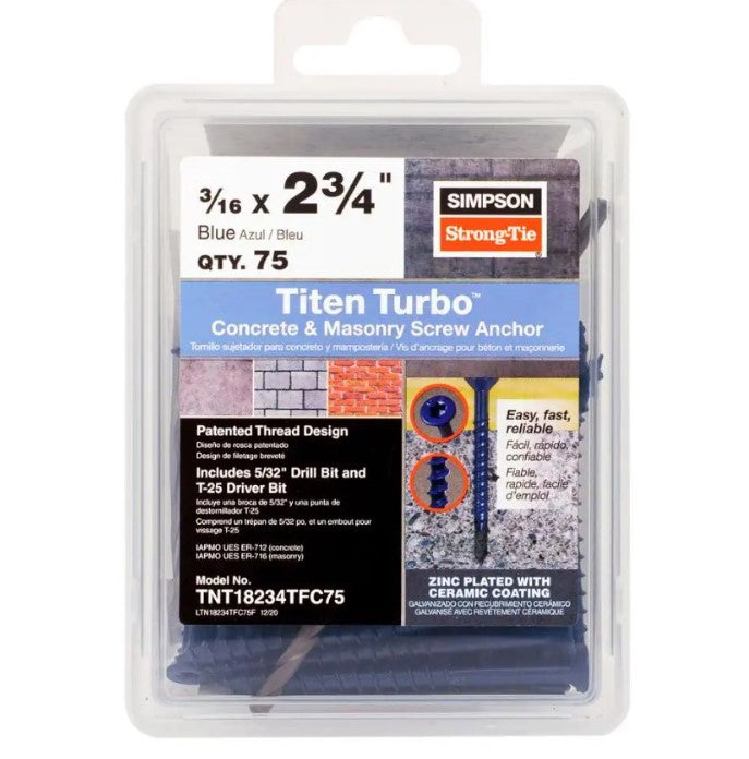 The Simpson Strong-Tie Titen Turbo 3/16 in. x 2-3/4 in. flat head concrete screws, blue (75-pack), feature a patented reverse thread design and are zinc plated with a ceramic coating. The package includes a drill and a T-25 driver bit.