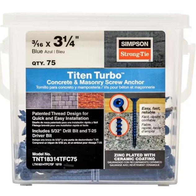 The Titen Turbo 3/16 in. x 3-1/4 in. Flat Head Simpson Concrete Screws by Simpson Strong-Tie come in a 75-pack and feature a patented reverse thread with Torque Reduction Channel and ceramic coating. Includes drill bit and T-25 drive bit.