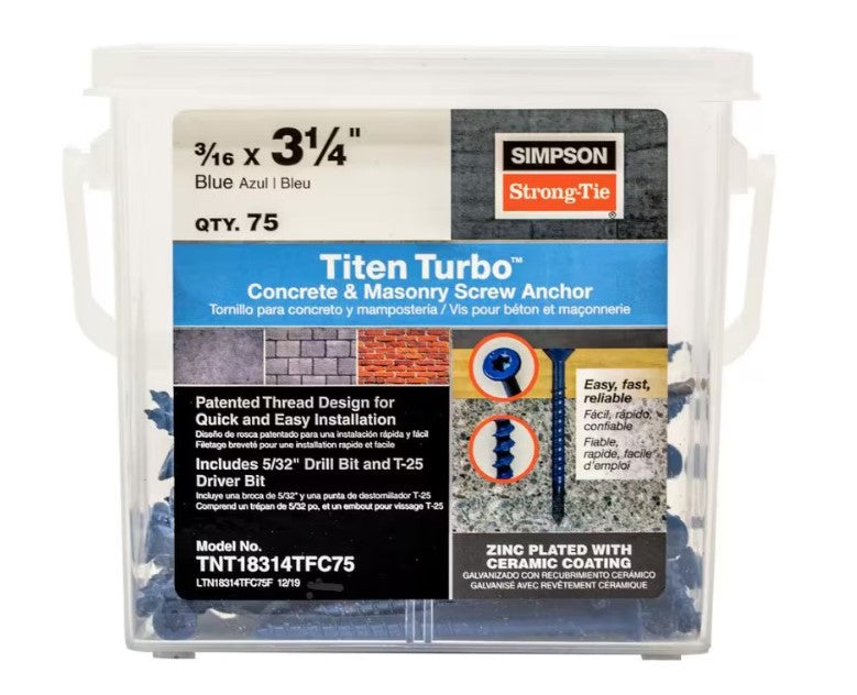 The Titen Turbo 3/16 in. x 3-1/4 in. Flat Head Simpson Concrete Screws by Simpson Strong-Tie come in a 75-pack and feature a patented reverse thread with Torque Reduction Channel and ceramic coating. Includes drill bit and T-25 drive bit.