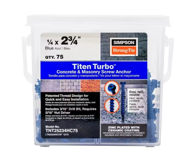 A clear plastic container holds 75 Simpson Strong-Tie Titen Turbo 1/4 in. x 2-3/4 in. Hex Head concrete screws with Torque Reduction Channel. The label shows a blue anchor screw and includes installation instructions.